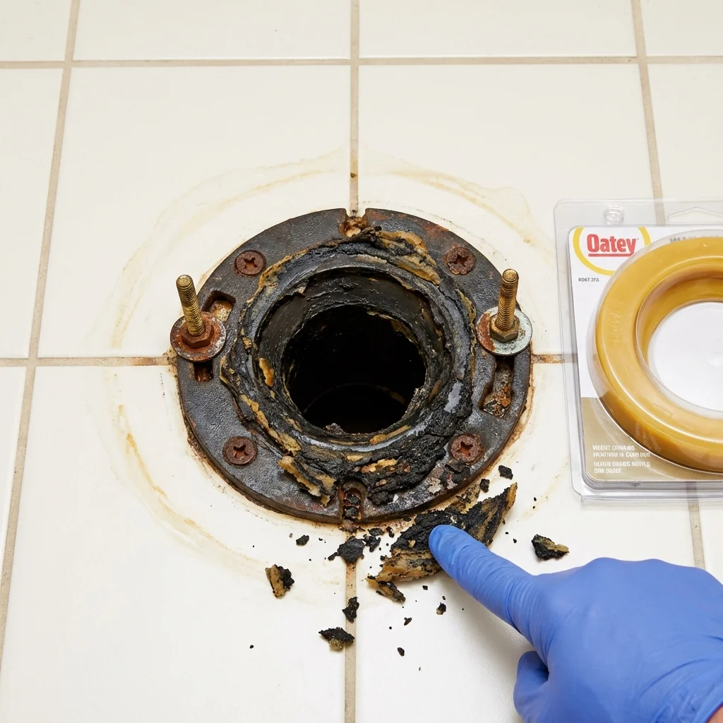 Failed wax ring showing water seepage at the base of a toilet in a Albany, IN home