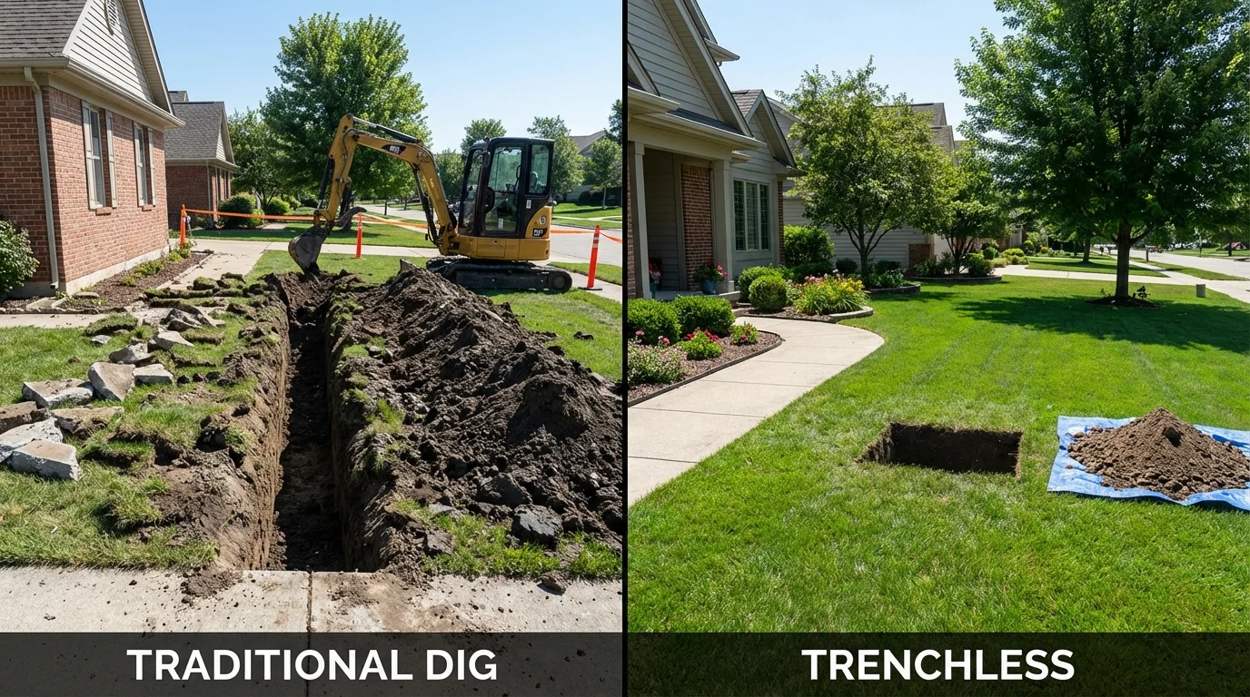 Trenchless sewer repair with minimal yard damage versus traditional excavation in Albany, IN