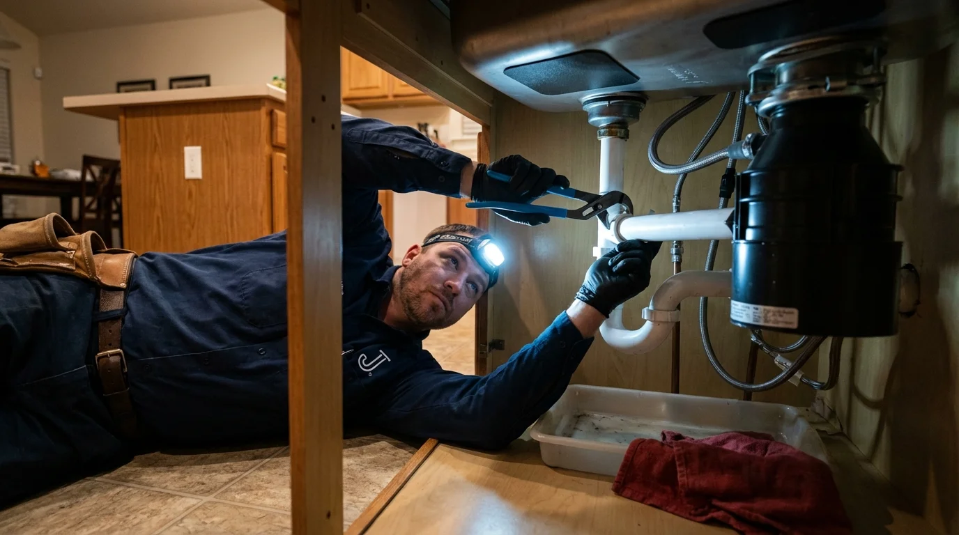 P-trap and supply line connections under a kitchen sink showing a common leak point in Albany, IN